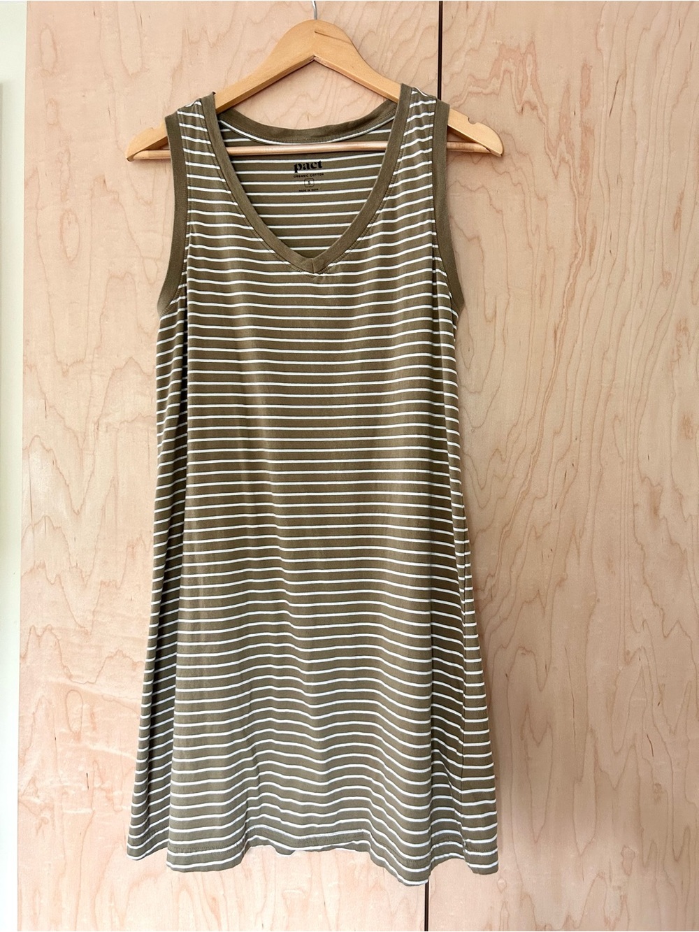 Pact Olive & White Striped V-Neck Tank Dress